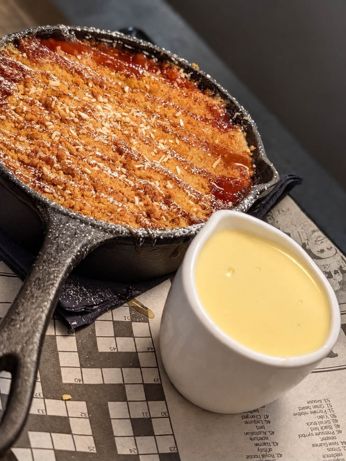 mango, pear and coconut with rum custard portrait